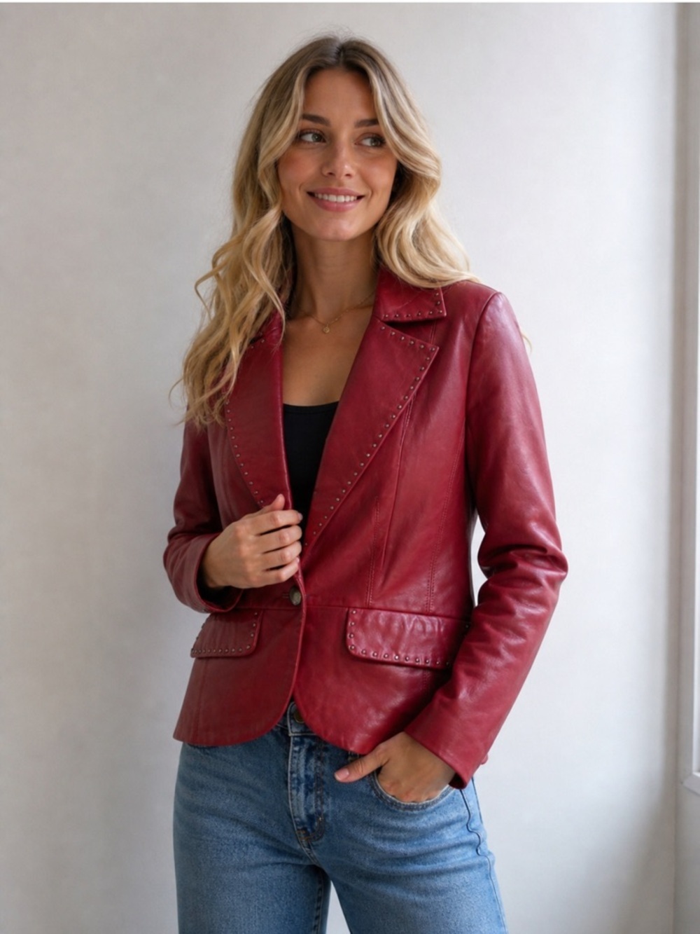 Vakko Sport Red Leather Studded Jacket Size 6